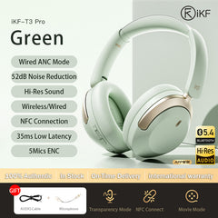 iKF T3 Pro Adaptive ANC Bluetooth Headphones, 52dB Noise Cancelling, 40mm Silk Composite Drivers, 5-Mic ENC, NFC Fast Pairing, Hi-Res Certified, 125H Playtime, Bluetooth 5.4, 35ms Low-Latency Gaming Mode - Starlight White, Silver Moon, Wild Green