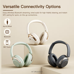 iKF T3 Pro Adaptive ANC Bluetooth Headphones, 52dB Noise Cancelling, 40mm Silk Composite Drivers, 5-Mic ENC, NFC Fast Pairing, Hi-Res Certified, 125H Playtime, Bluetooth 5.4, 35ms Low-Latency Gaming Mode - Starlight White, Silver Moon, Wild Green