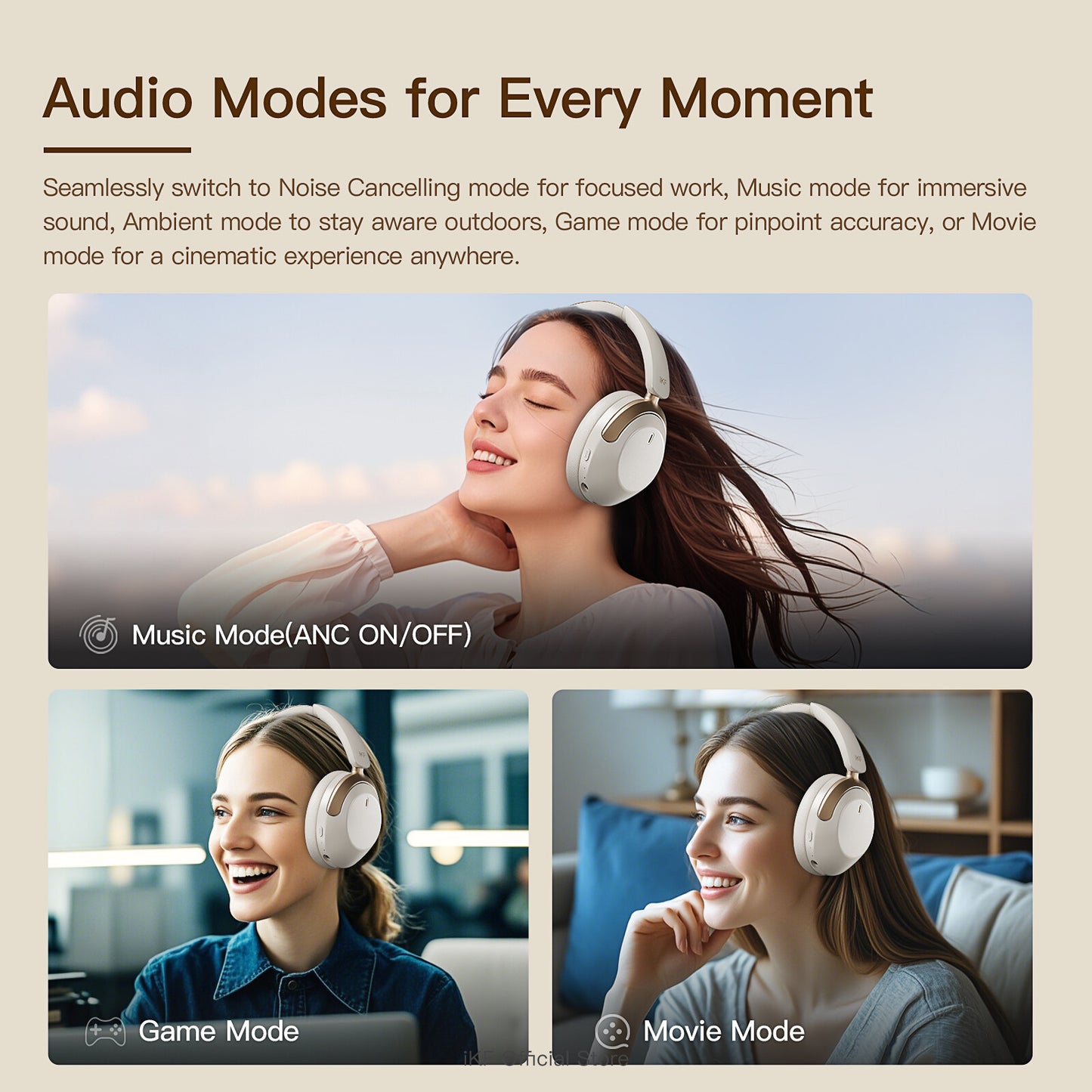 iKF T3 Pro Adaptive ANC Bluetooth Headphones, 52dB Noise Cancelling, 40mm Silk Composite Drivers, 5-Mic ENC, NFC Fast Pairing, Hi-Res Certified, 125H Playtime, Bluetooth 5.4, 35ms Low-Latency Gaming Mode - Starlight White, Silver Moon, Wild Green