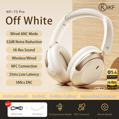 iKF T3 Pro Adaptive ANC Bluetooth Headphones, 52dB Noise Cancelling, 40mm Silk Composite Drivers, 5-Mic ENC, NFC Fast Pairing, Hi-Res Certified, 125H Playtime, Bluetooth 5.4, 35ms Low-Latency Gaming Mode - Starlight White, Silver Moon, Wild Green