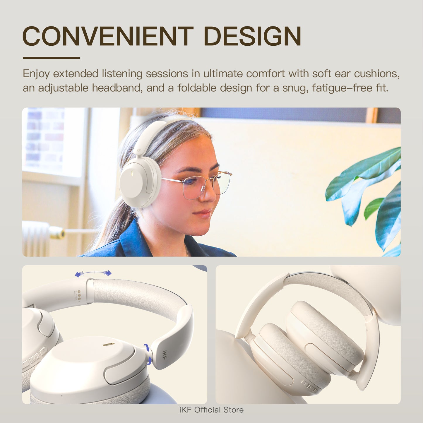 iKF T3 Wireless Over Ear Active Noise Cancellation Bluetooth Headphones Built in Mic 125H Playback for iOS Andriod Workout