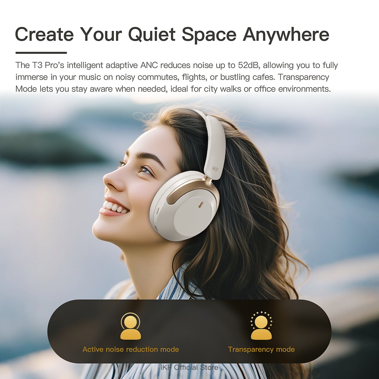 iKF T3 Pro Adaptive ANC Bluetooth Headphones, 52dB Noise Cancelling, 40mm Silk Composite Drivers, 5-Mic ENC, NFC Fast Pairing, Hi-Res Certified, 125H Playtime, Bluetooth 5.4, 35ms Low-Latency Gaming Mode - Starlight White, Silver Moon, Wild Green