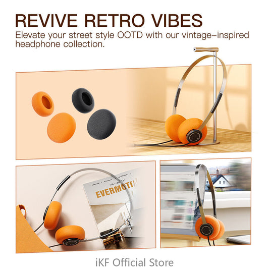 iKF Y3 Kabelgebundener Stereo-Kopfhörer im Retro-Stil mit verstellbarem Kopfbügel, 3,5-mm-Klinkenstecker und austauschbaren orangefarbenen Ohrpolstern. Leicht und geeignet für Walkman und Computer. 80er/90er Jahre.