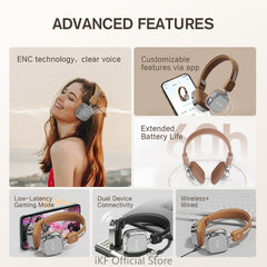 iKF R2 Wireless Retro Headphones Bluetooth V 5.4 ENC HiFi Sound Quality,60 Hours of Battery Life Listen to Music Game Mode ,Throwback Design OOTD Supports Wired/wireless