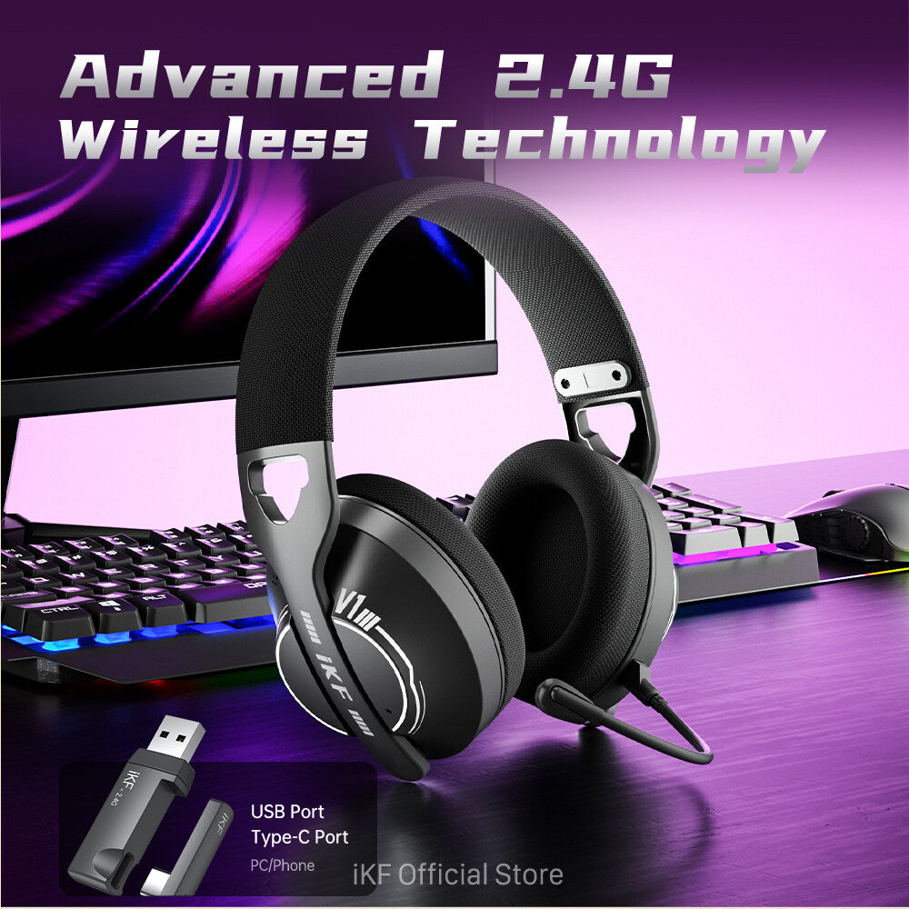 iKF V1 Wireless Headphones 2.4G Bluetooth Headset Gaming With Microphone 50H Playtime Deep Bass, iKF APP,Double Devices Connection for iOS/Android