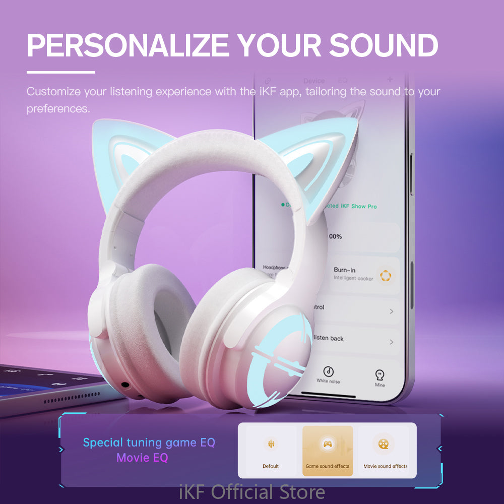 iKF Show Pro Cat Headset Wireless Bluetooth Game Cute Girl Gaming Non-Sense Delay Custom Light Anime With Microphone Ultra-Long Battery Life Support Wired Connection iOS Android Game