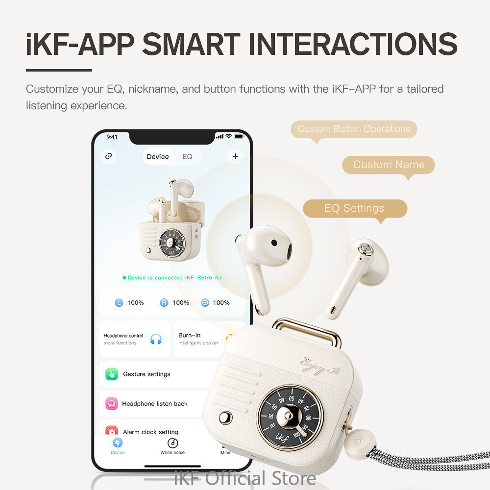 iKF Retro Air Wireless Earbuds Semi-in-ear Retro Earphones Deep Bass Bulti-in Mic 36 Hrs Playback with Charging Case APP Smart Interactions for iOS Android Gaming/Online Class