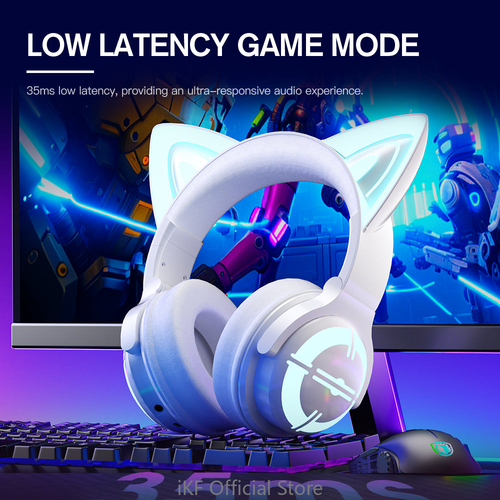 Auriculares iKF Show Pro Cat, inalámbricos, Bluetooth, para juegos de chicas lindas, con retardo sin sentido, luz personalizada, anime, con micrófono, batería de larga duración, compatible con conexión por cable, para iOS y Android.