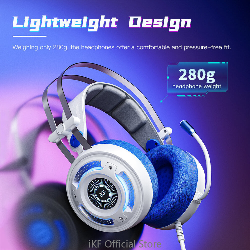 iKF Kira Professional Wired Gaming Headphone USB 7.1 virtual Surround Sound Stereo Led Light Wired Headset with USB Plug Microphone PC Laptop Game Over-Ear Gamer Headset