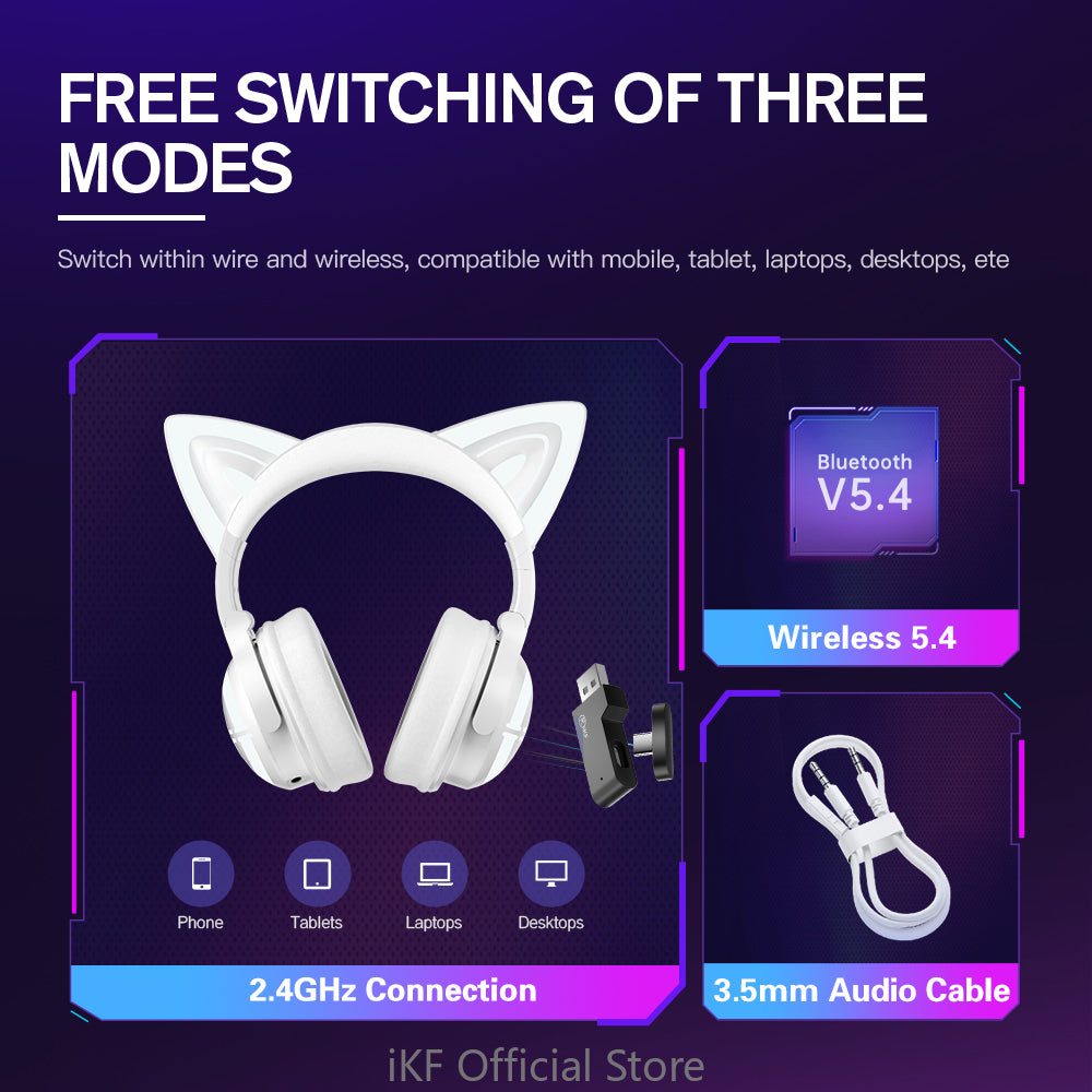 iKF Show Pro Cat Headset Wireless Bluetooth Game Cute Girl Gaming Non-Sense Delay Custom Light Anime With Microphone Ultra-Long Battery Life Support Wired Connection iOS Android Game