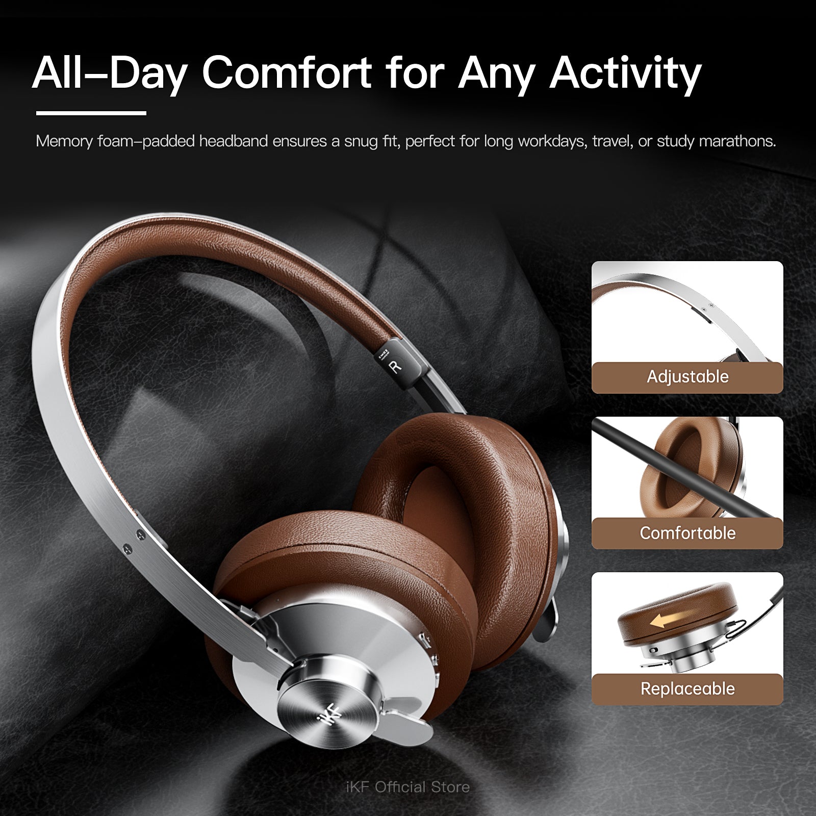 iKF Metal Wireless Bluetooth Over-Ear Headphones, Hardcore Full Metal Design with Dark Leather, Advanced ANC to -52dB, Hi-Res 40mm Drivers, 5-Mic ENC for Clear Calls, 75H Playback,  AUX Wired Mode, App Customizable