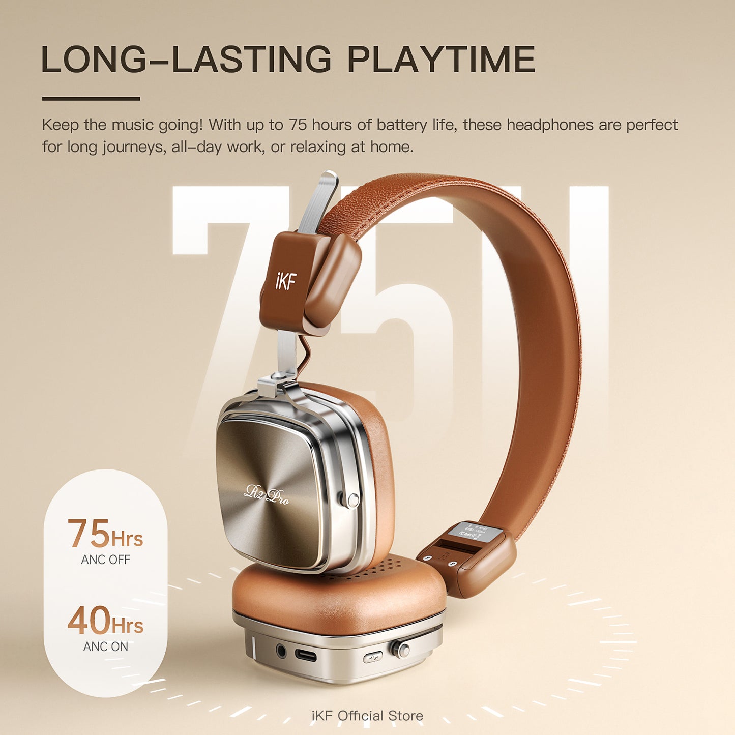 iKF R2 Pro Retro Metal and Leather Foldable Headphones with ANC -45dB, 40mm HiFi Drivers, 75H Battery, Bluetooth 5.4 & AUX, Customizable Lighting, ENC 5-Mic Clear Calls, Low Latency Gaming, iKF App Control