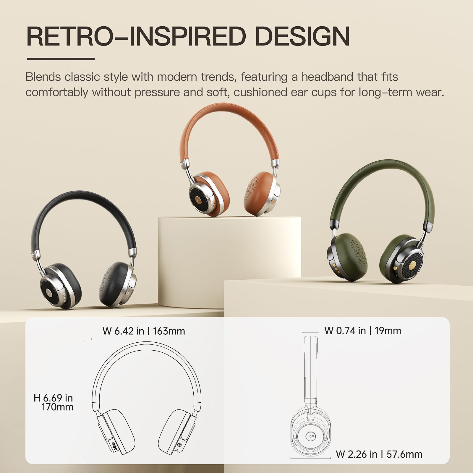 iKF Rona Retro Classic Active Noise Cancelling Headphones, 75H Playback, 3D Movie & Low-Latency Gaming Sound, HiFi Bio-Fiber Drivers, Clear Call, AUX Wired Mode