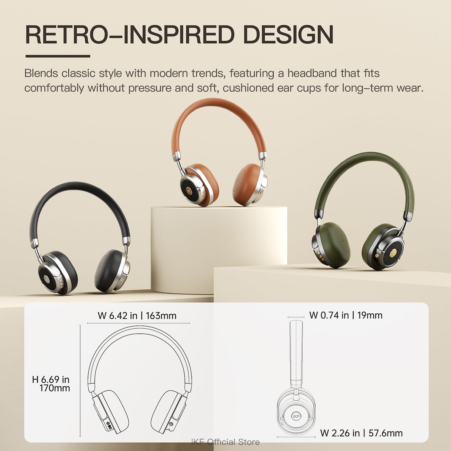 iKF Rona Retro Classic Active Noise Cancelling Headphones, 75H Playback, 3D Movie & Low-Latency Gaming Sound, HiFi Bio-Fiber Drivers, Clear Call, AUX Wired Mode