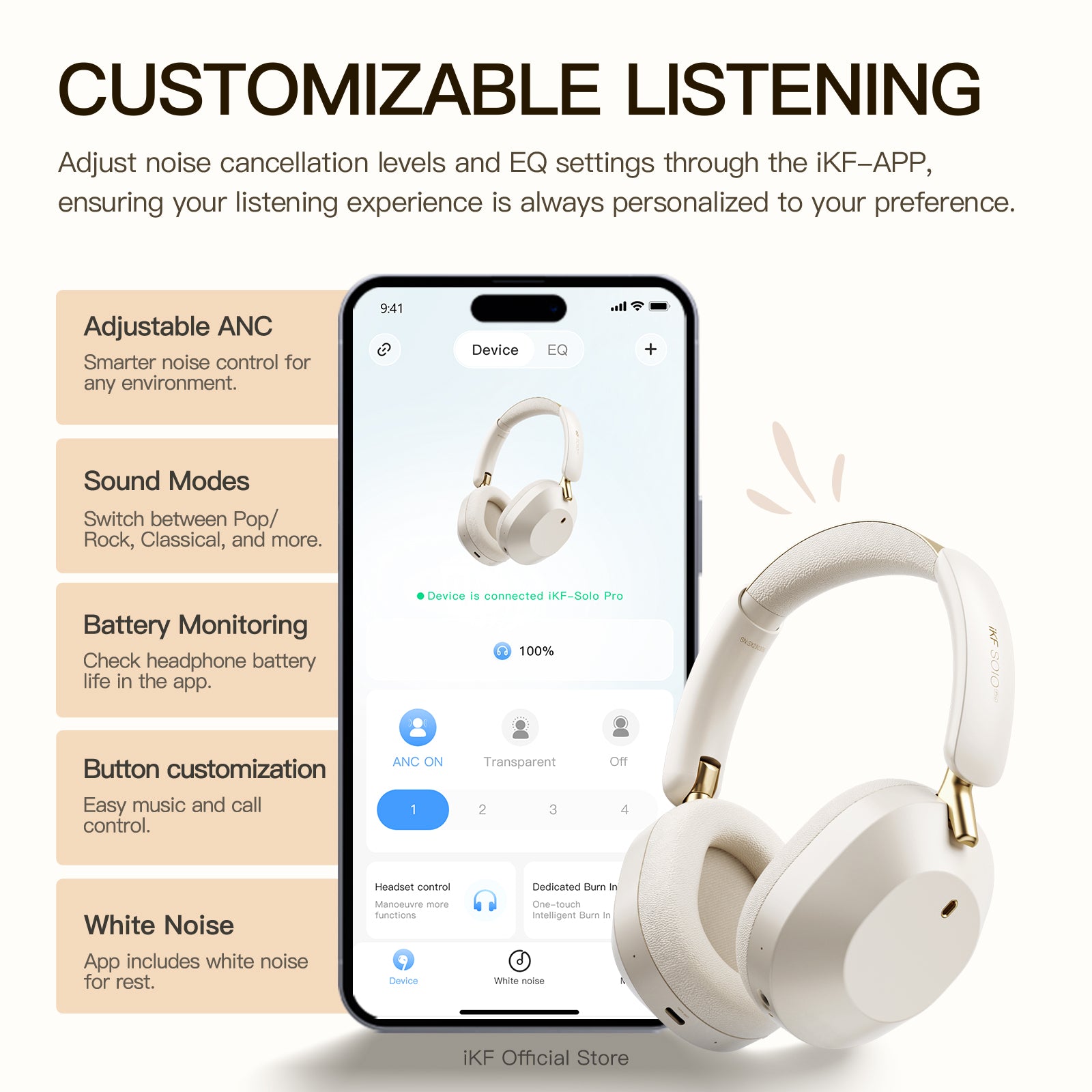 iKF Solo Pro Wireless Bluetooth Headphones with Advanced Adaptive ANC, Spatial Audio, HiFi Sound Quality, Long Battery Life, Transparent Mode, and Customizable Settings via App