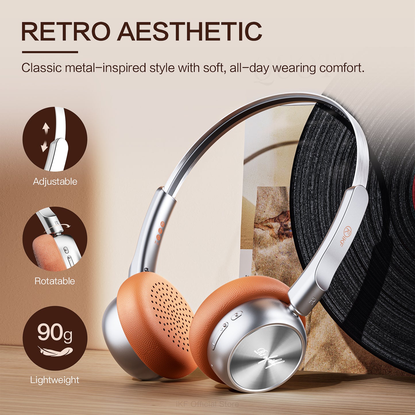 iKF R1 Retro Wireless Bluetooth Headphones – 60H Playtime & Lightweight Design