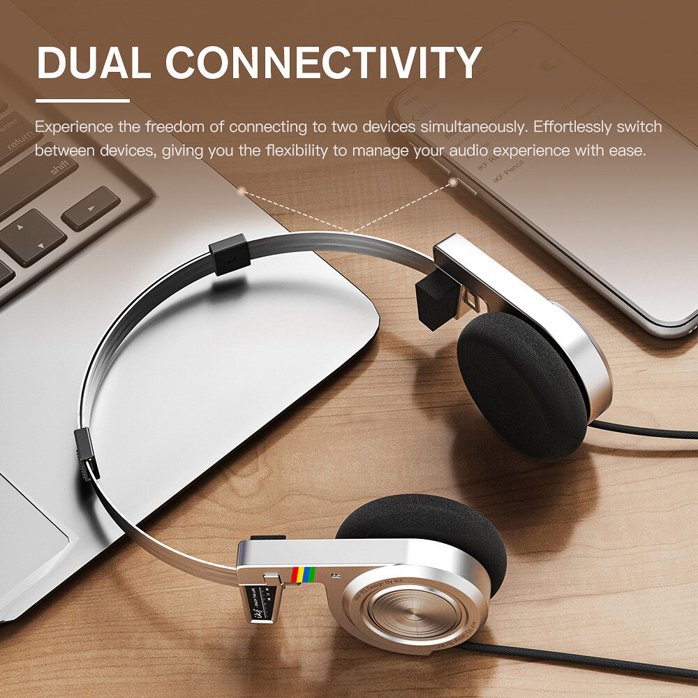 iKF R3 Retro On Ear Headphone Deep Bass Headset with Multipoint Mode,Lightweight and Foldable,Up to 60H Playtime,Bluetooth,Double-Device Connection,For Laptop/PC/Phone