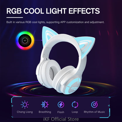 Auriculares iKF Show Pro Cat, inalámbricos, Bluetooth, para juegos de chicas lindas, con retardo sin sentido, luz personalizada, anime, con micrófono, batería de larga duración, compatible con conexión por cable, para iOS y Android.