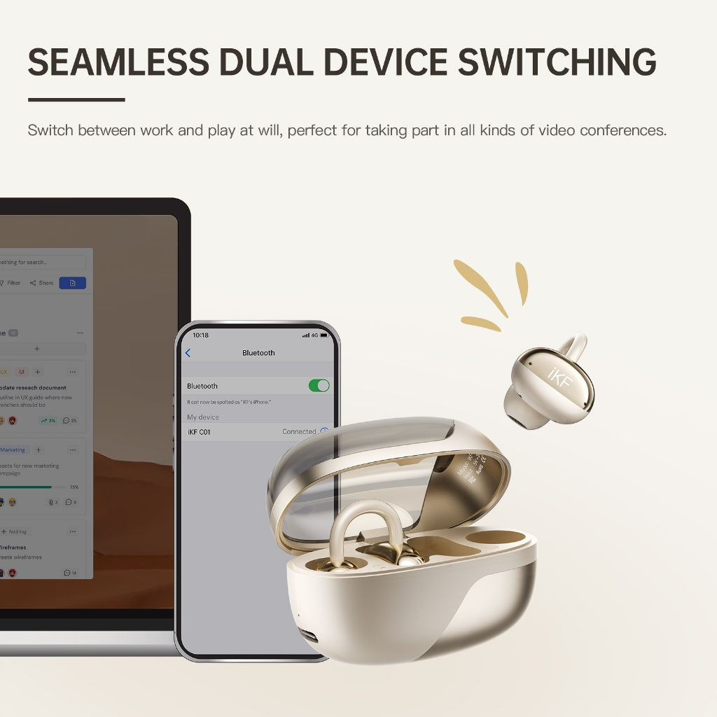 iKF C01 Open Ear Wireless Earbuds Bluetooth Earphones Stereo Sound Ear Clip 48H Battery Life IPX4 for Workout Travel