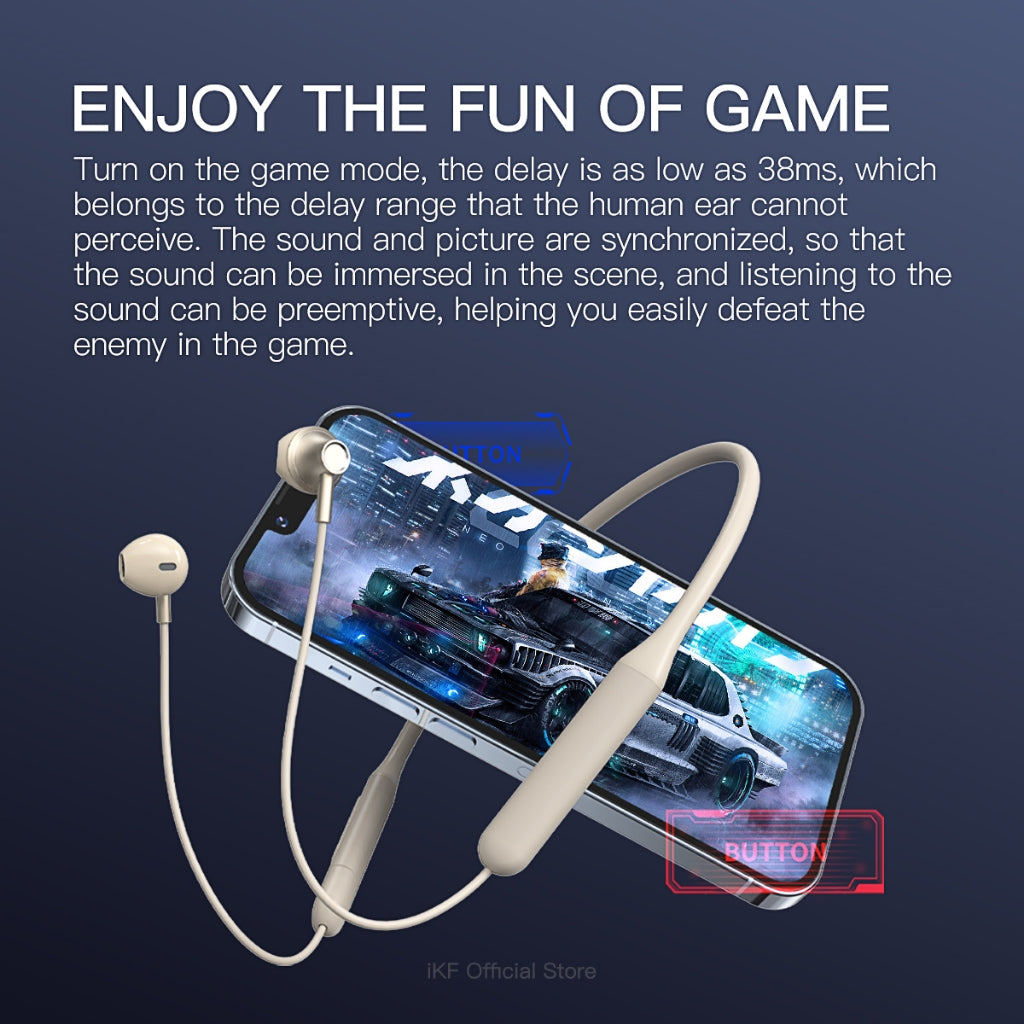 iKF W1 Wireless Earbuds Sports Neckband Bluetooth Headphones with Secure Fit, Waterproof, Low Latency Audio, ENC Mic for Clear Calls, Ideal for Running & Gym