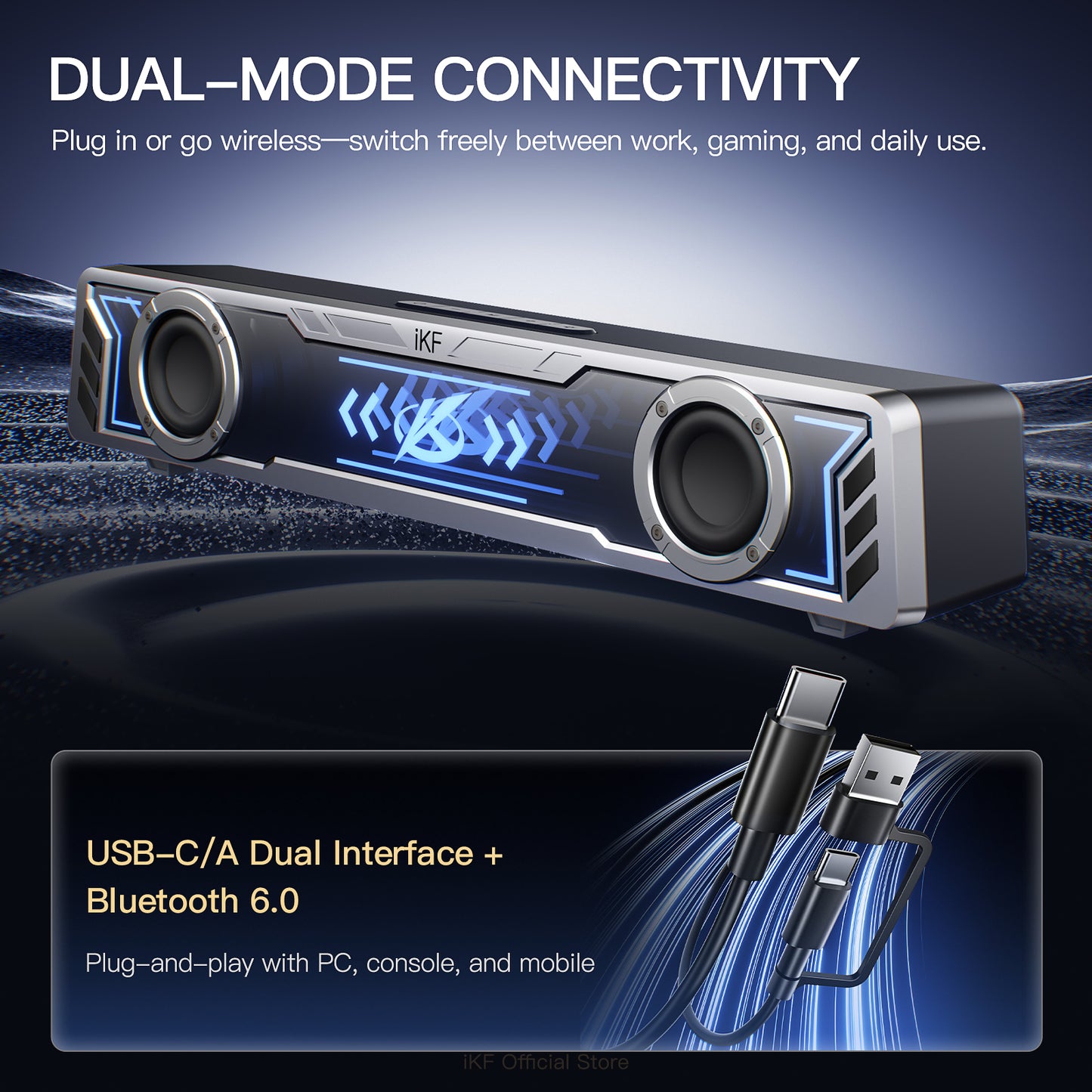 iKF A30 RGB Gaming Speakers with Bluetooth 6.0 & USB Sound Card Mode