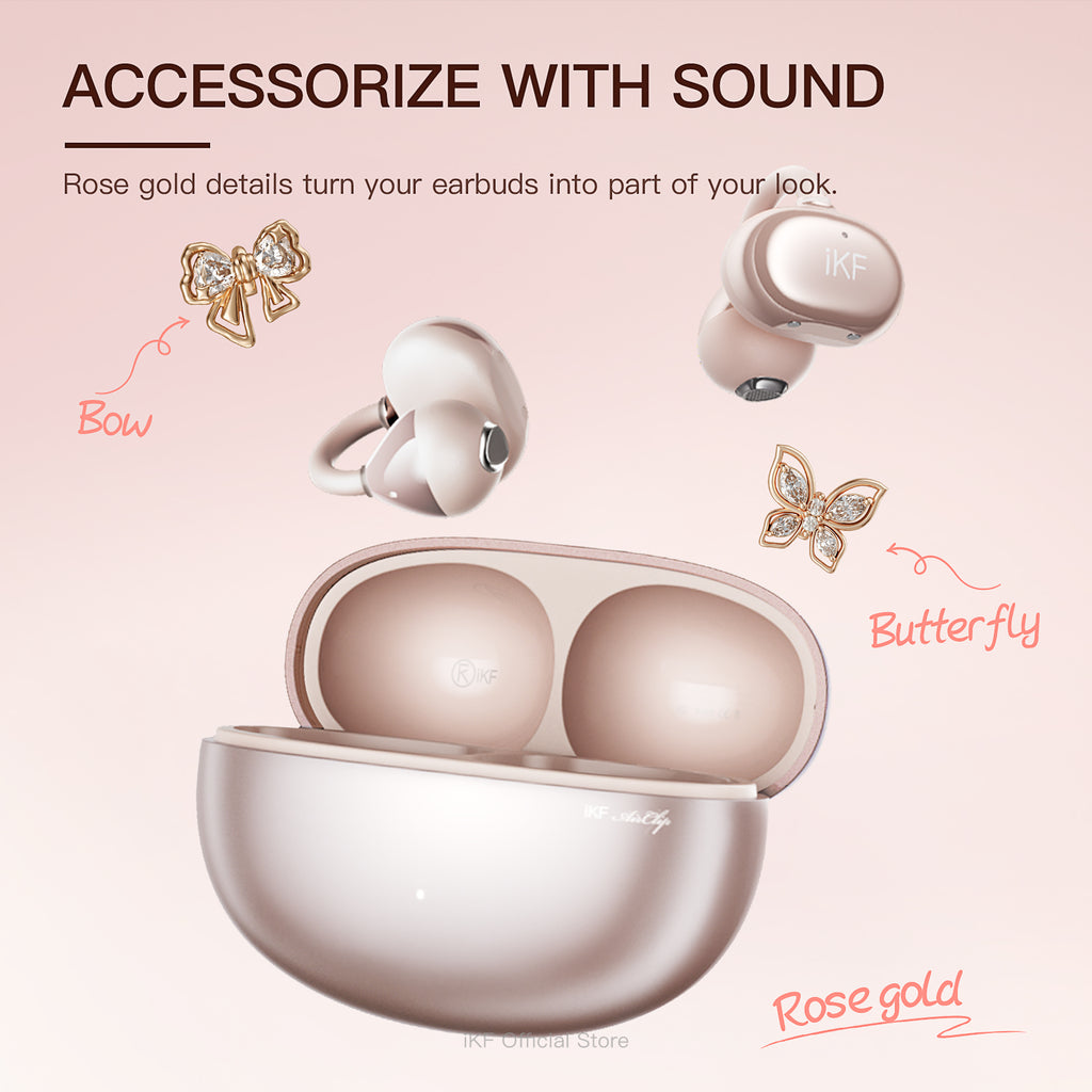 iKF Air Clip Open-Ear Wireless Earbuds, Directional Sound & ENC Noise Cancelling, 60H Playtime, Low Latency Game Mode, Touch Control, IPX5, App Control, Rose Gold