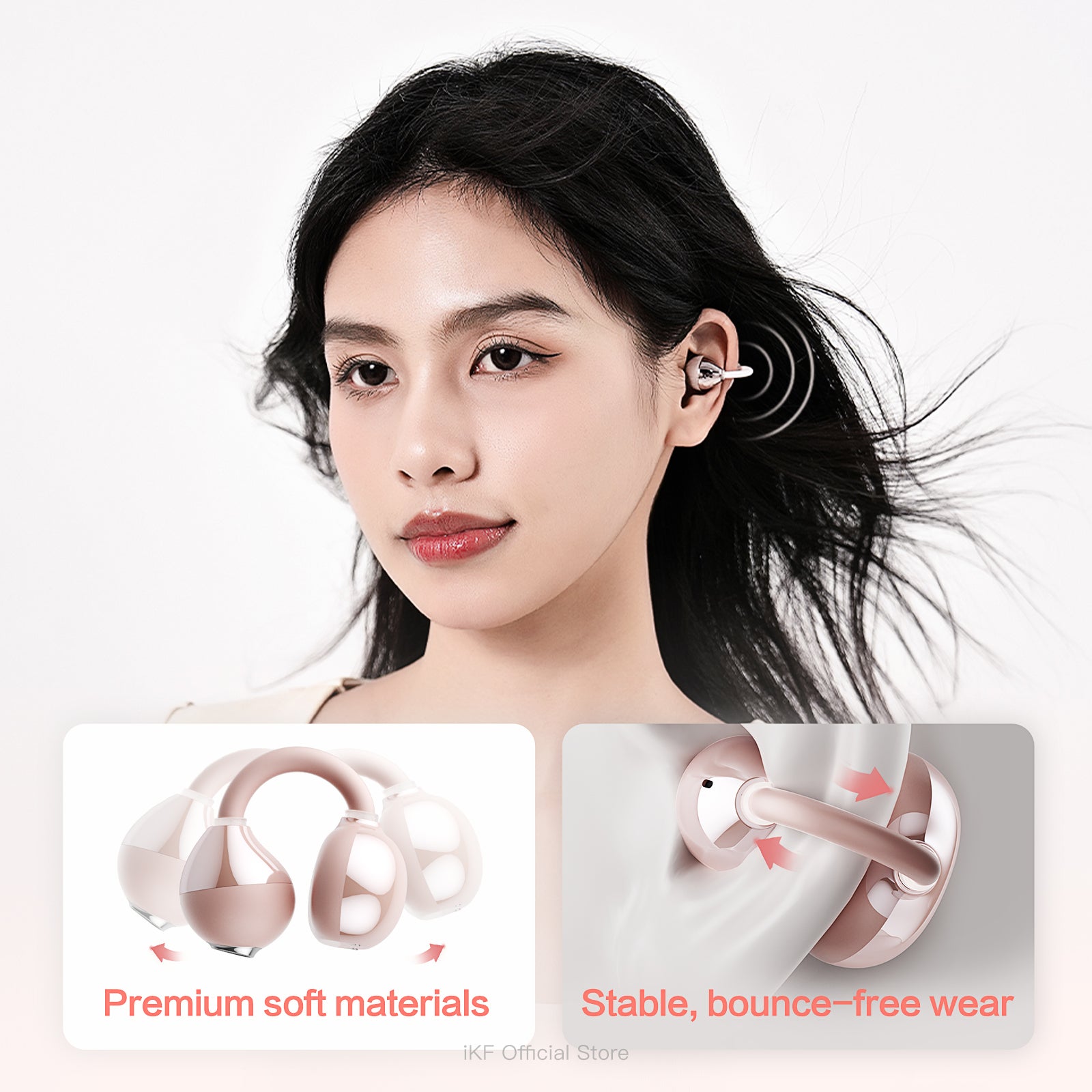 iKF Air Clip Open-Ear Wireless Earbuds, Directional Sound & ENC Noise Cancelling, 60H Playtime, Low Latency Game Mode, Touch Control, IPX5, App Control, Rose Gold