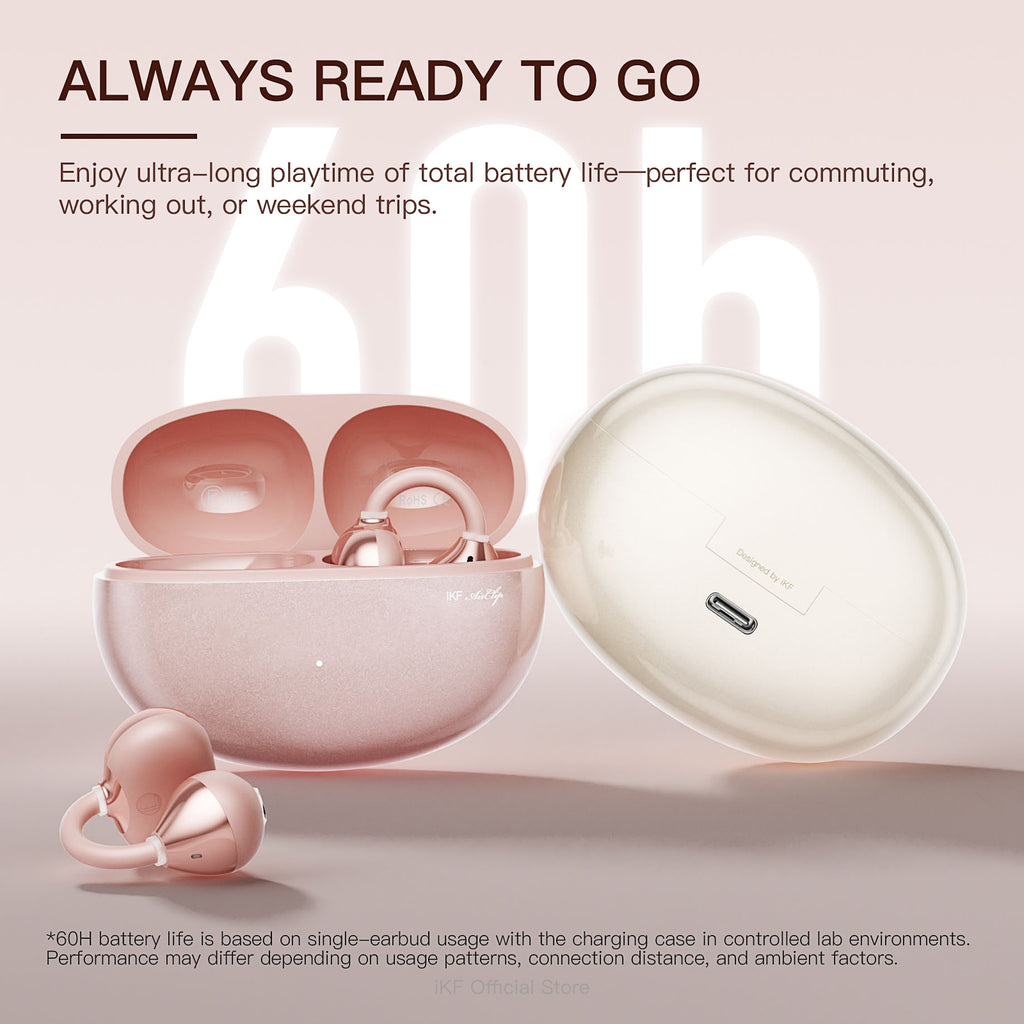iKF Air Clip Open-Ear Wireless Earbuds, Directional Sound & ENC Noise Cancelling, 60H Playtime, Low Latency Game Mode, Touch Control, IPX5, App Control, Rose Gold