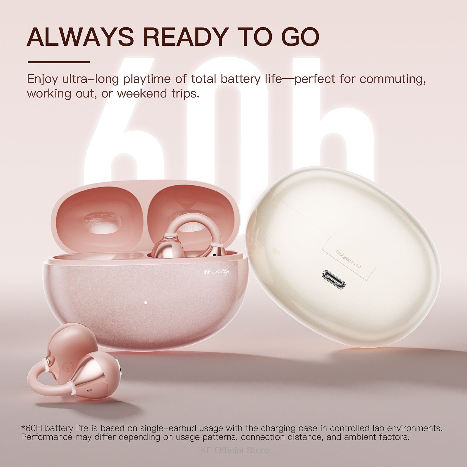 iKF Air Clip Open-Ear Wireless Earbuds, Directional Sound & ENC Noise Cancelling, 60H Playtime, Low Latency Game Mode, Touch Control, IPX5, App Control, Rose Gold