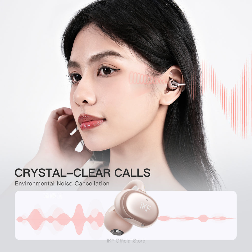 iKF Air Clip Open-Ear Wireless Earbuds, Directional Sound & ENC Noise Cancelling, 60H Playtime, Low Latency Game Mode, Touch Control, IPX5, App Control, Rose Gold