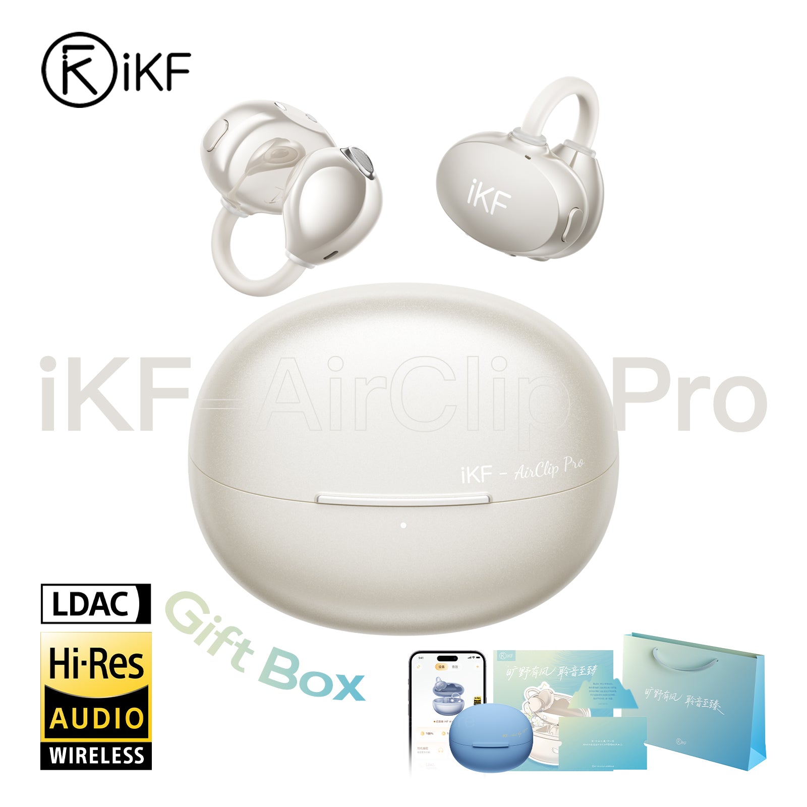 Auriculares inalámbricos Bluetooth iKF AirClip Pro de oído abierto con clip, LDAC, audio espacial, 60 h de reproducción, baja latencia, micrófono dual ENC