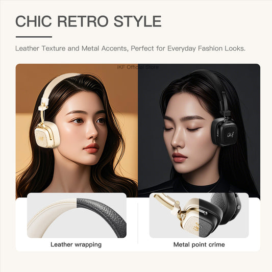 iKF E2 Retro Classic Wireless Bluetooth On-Ear Headphones, Foldable, 90H Playback, 40mm Drivers, Deep Bass, 360° Spatial Sound, Built-in Mic