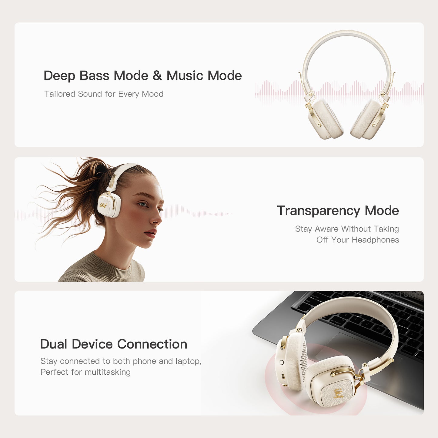 iKF E2 Retro Classic Wireless Bluetooth On-Ear Headphones, Foldable, 90H Playback, 40mm Drivers, Deep Bass, 360° Spatial Sound, Built-in Mic