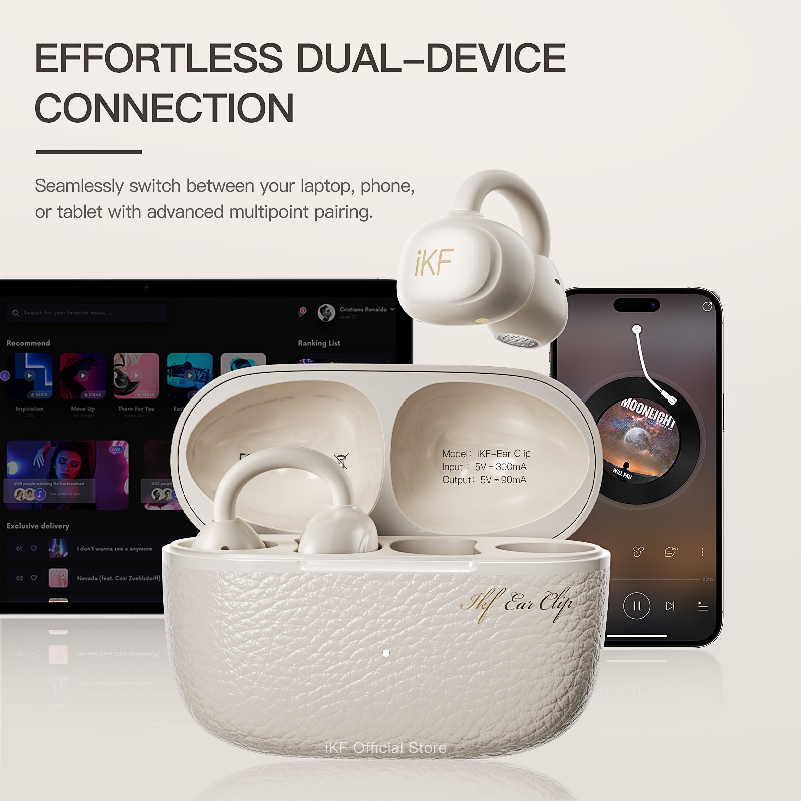 iKF Ear Clip Wireless Earbuds Open-Ear Bluetooth Earphonrs with LDAC Hi-Res Audio,Ultra-Light Ergonomic Fit