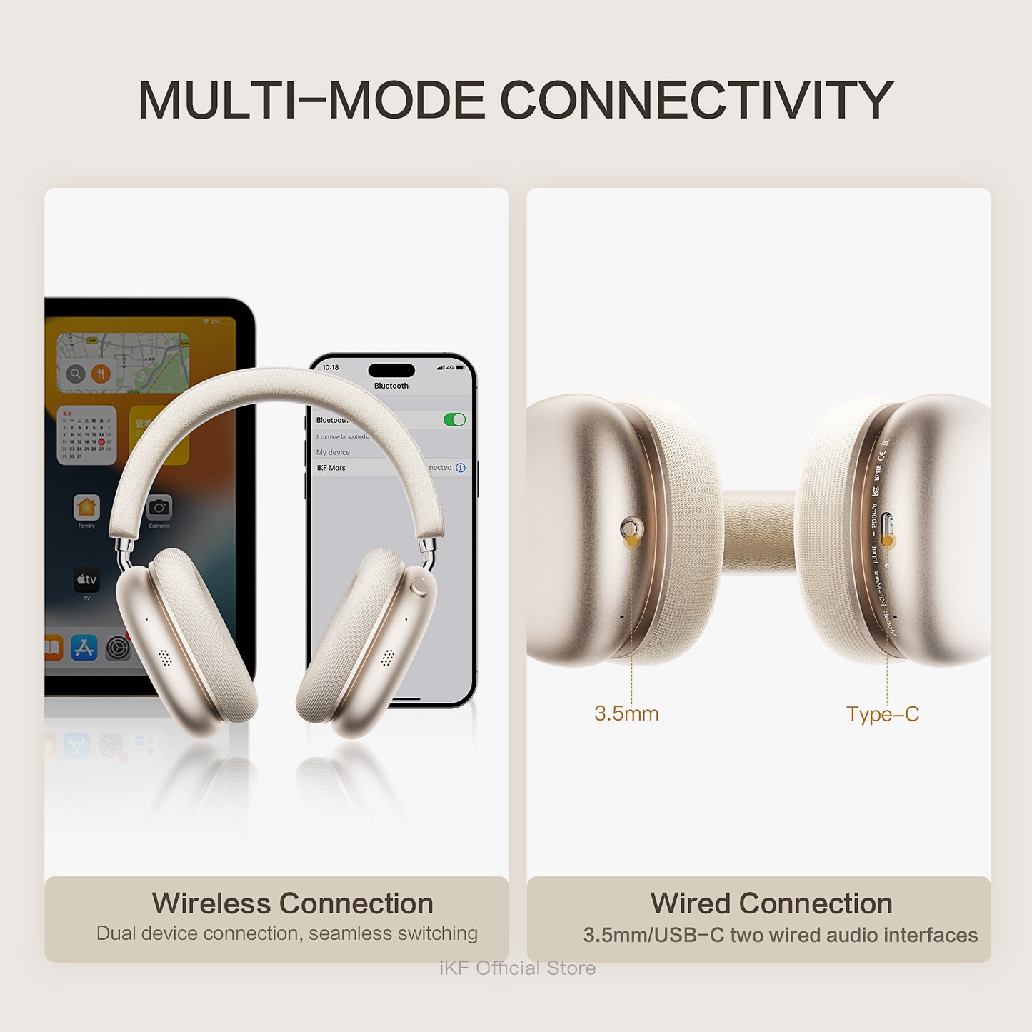 iKF Mars Wireless Bluetooth Headphones Quad-Speaker 40mm+20mm, 58dB Adaptive ANC, Hi-Res LDAC, 360° Spatial Audio, 140H Battery, 30ms Low Latency, Dual Device Connection