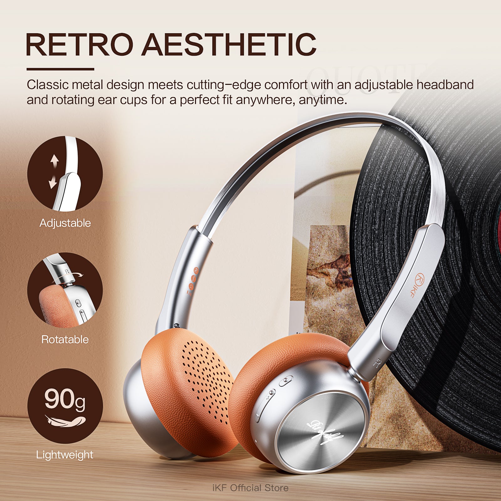 iKF R1 Wireless Bluetooth Headphones, Retro Classic Lightweight Headset, Builti-in Mic, 60H Playback, Dual Device Connectivity, Low Latency, App Customization,Throwback 80s 90s,OOTD