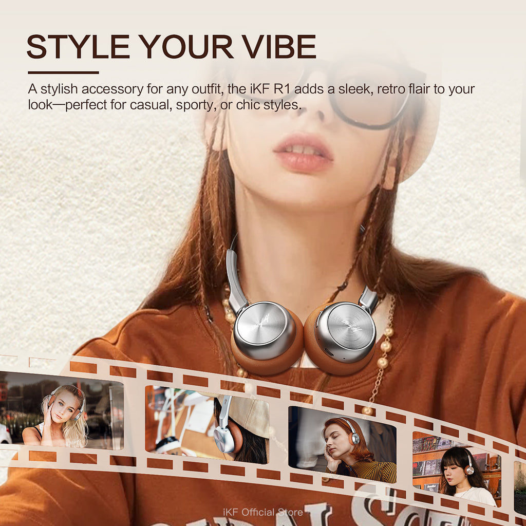 iKF R1 Wireless Bluetooth Headphones, Retro Classic Lightweight Headset, Builti-in Mic, 60H Playback, Dual Device Connectivity, Low Latency, App Customization,Throwback 80s 90s,OOTD