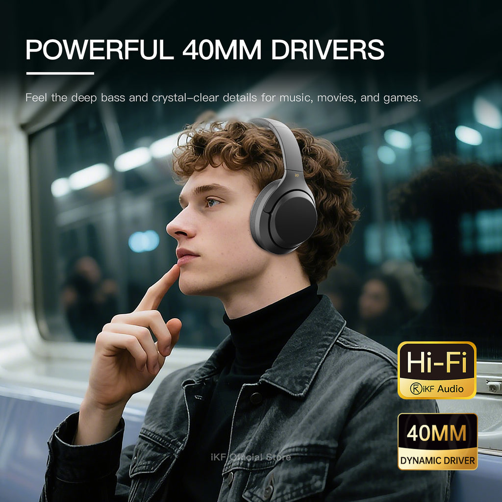 iKF T1 Pro Wireless Bluetooth Headphones Over Ear Wired Headset Built in Mic AUX Cable 100 Hours Play time Noise Reduction Stereo Sound Bass Type-C Charging for Online Class Game Sport Compatible with iOS and Android