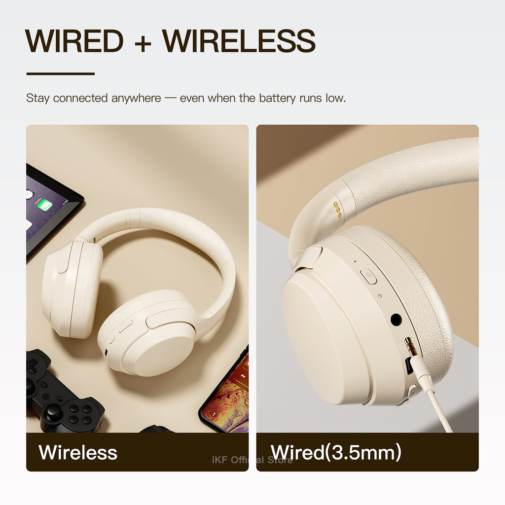 iKF T1 Pro Wireless Bluetooth Headphones Over Ear Wired Headset Built in Mic AUX Cable 100 Hours Play time Noise Reduction Stereo Sound Bass Type-C Charging for Online Class Game Sport Compatible with iOS and Android