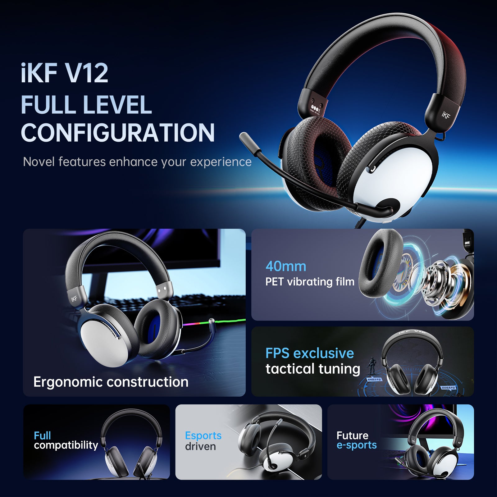 iKF V12 Gaming Headset Wired Over-Ear Headphones for 7.1 Surround Sound Compatible with Win/ PC