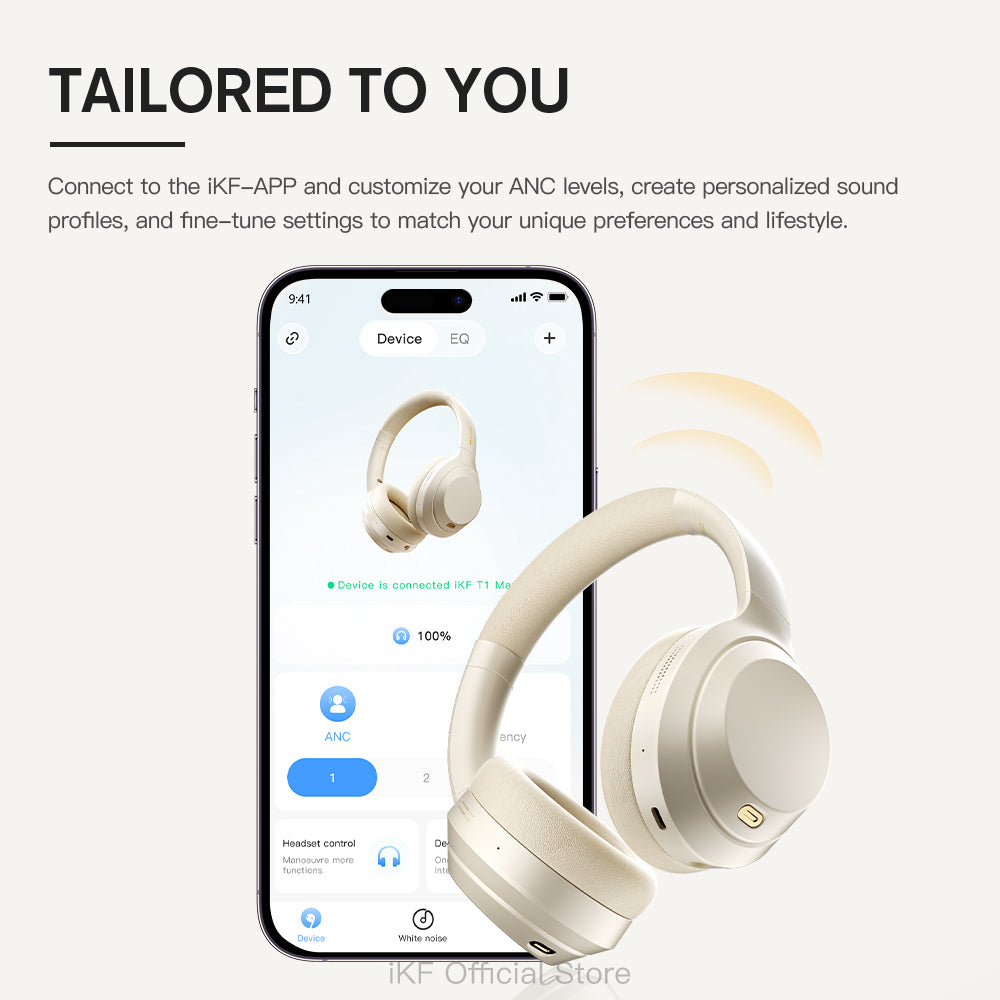 iKF T1 Max Wireless Wired Active Noise Cancelling Headphones, Bluetooth Over-Ear Hi-Fi Stereo Headset with Deep Bass, Multi-Point Connection, iKF APP Support, Comfortable Protein Earpads, 100H Playtime, Built-in Mic