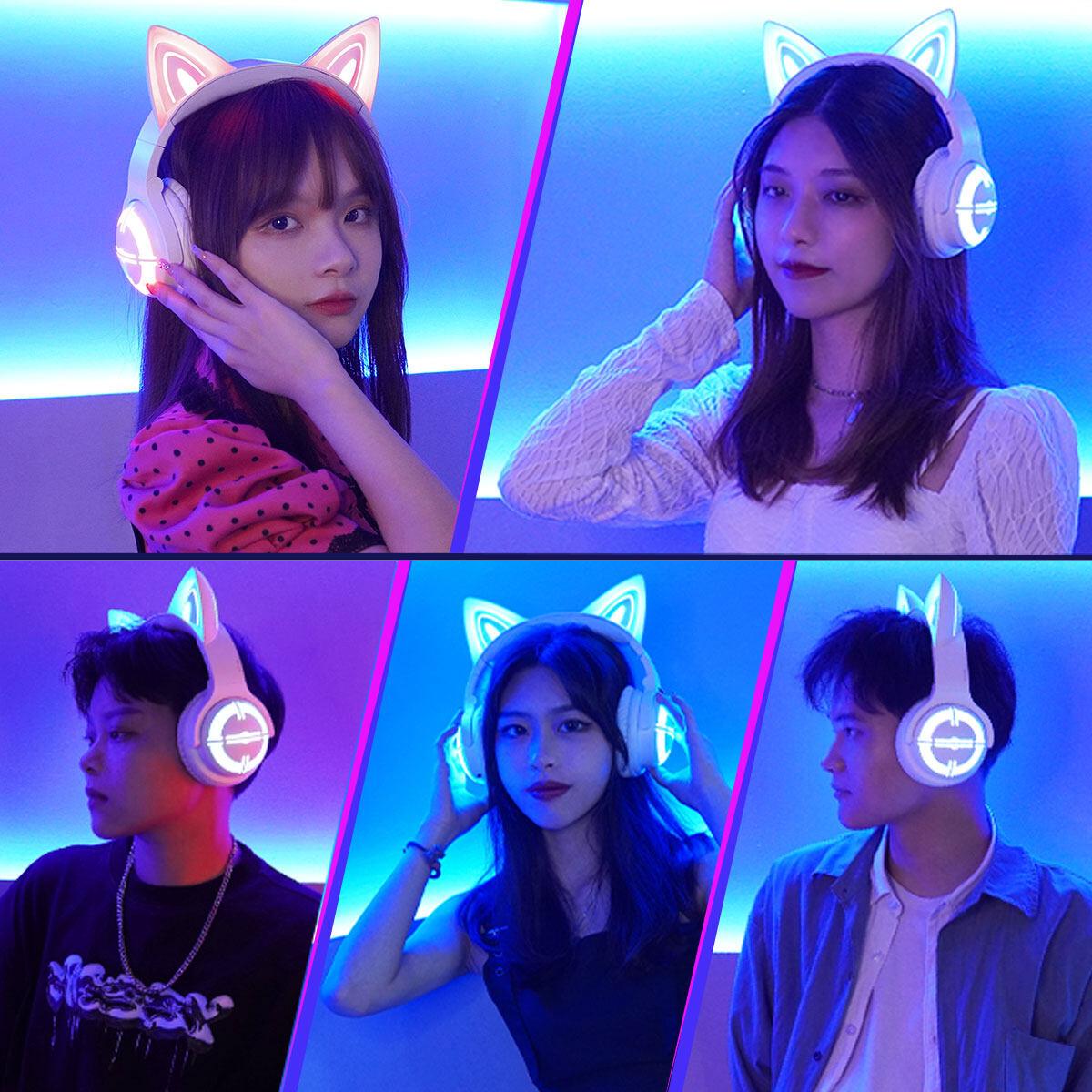 iKF Show Cat Headset Wireless Bluetooth Game Cute Girl Gaming Non-Sense Delay Custom Light Anime With Microphone Ultra-Long Battery Life Support Wired Connection iOS Android Game